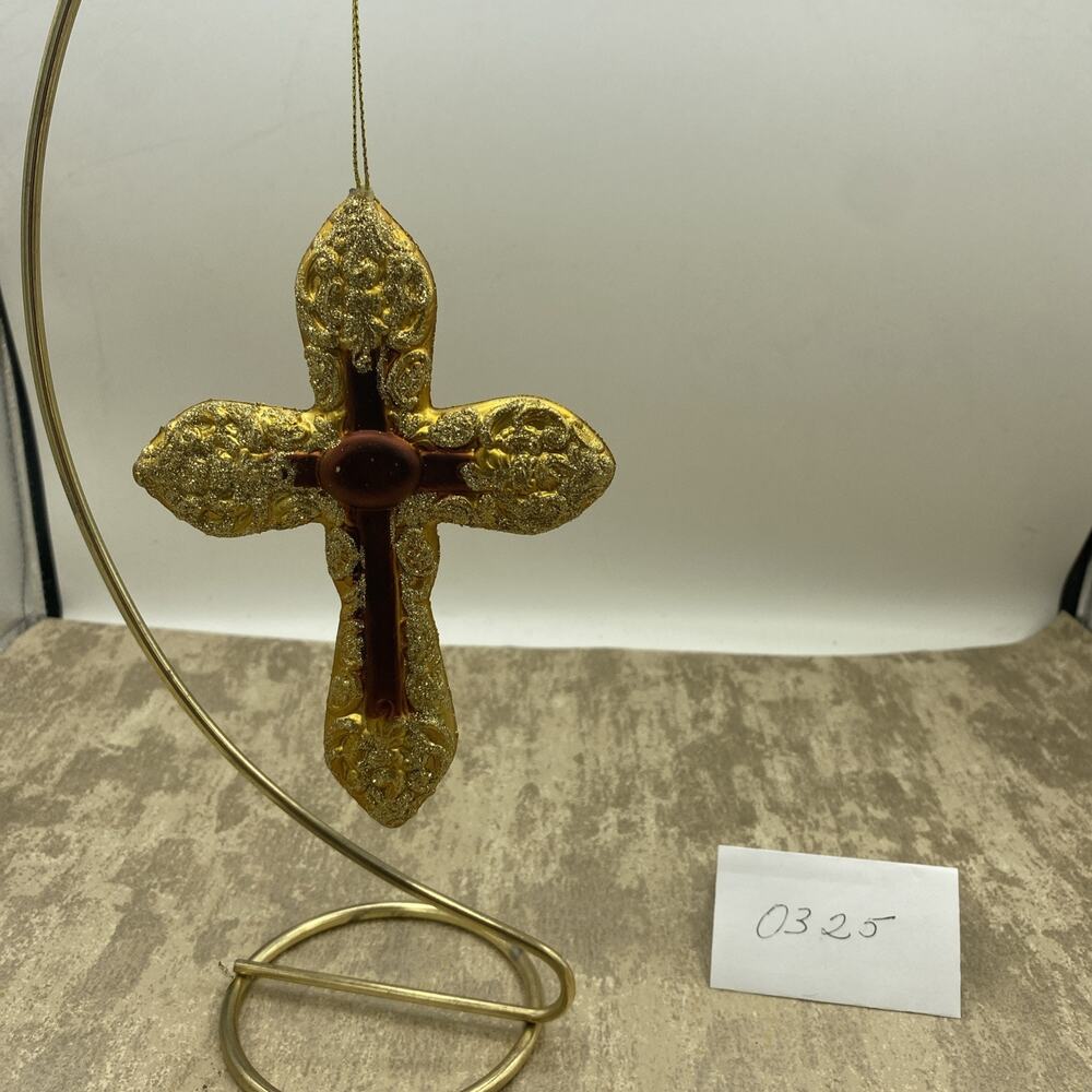 Holy Cross Ornament, Gold/With Glitter & Brown Middle-Blown Glass Religious,